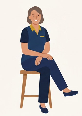 Illustration of a woman sitting on a stool with her legs crossed at the knee