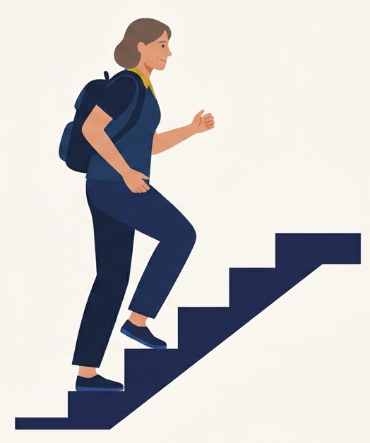 Illustration of a woman climbing stairs mid-step