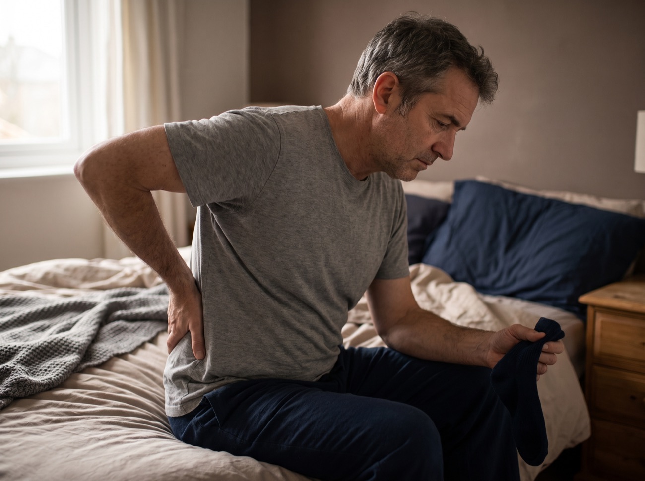 Man sitting on the edge of the bed, holding his lower back